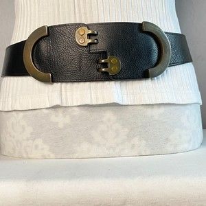 Vintage Barneys New York Belt Size 34 Brass Buckle Black Leather Made In USA